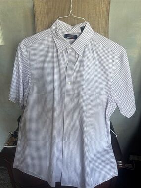 Roundtree & Yorke Short-Sleeve Button-Down Shirt - White with Light Purple Check